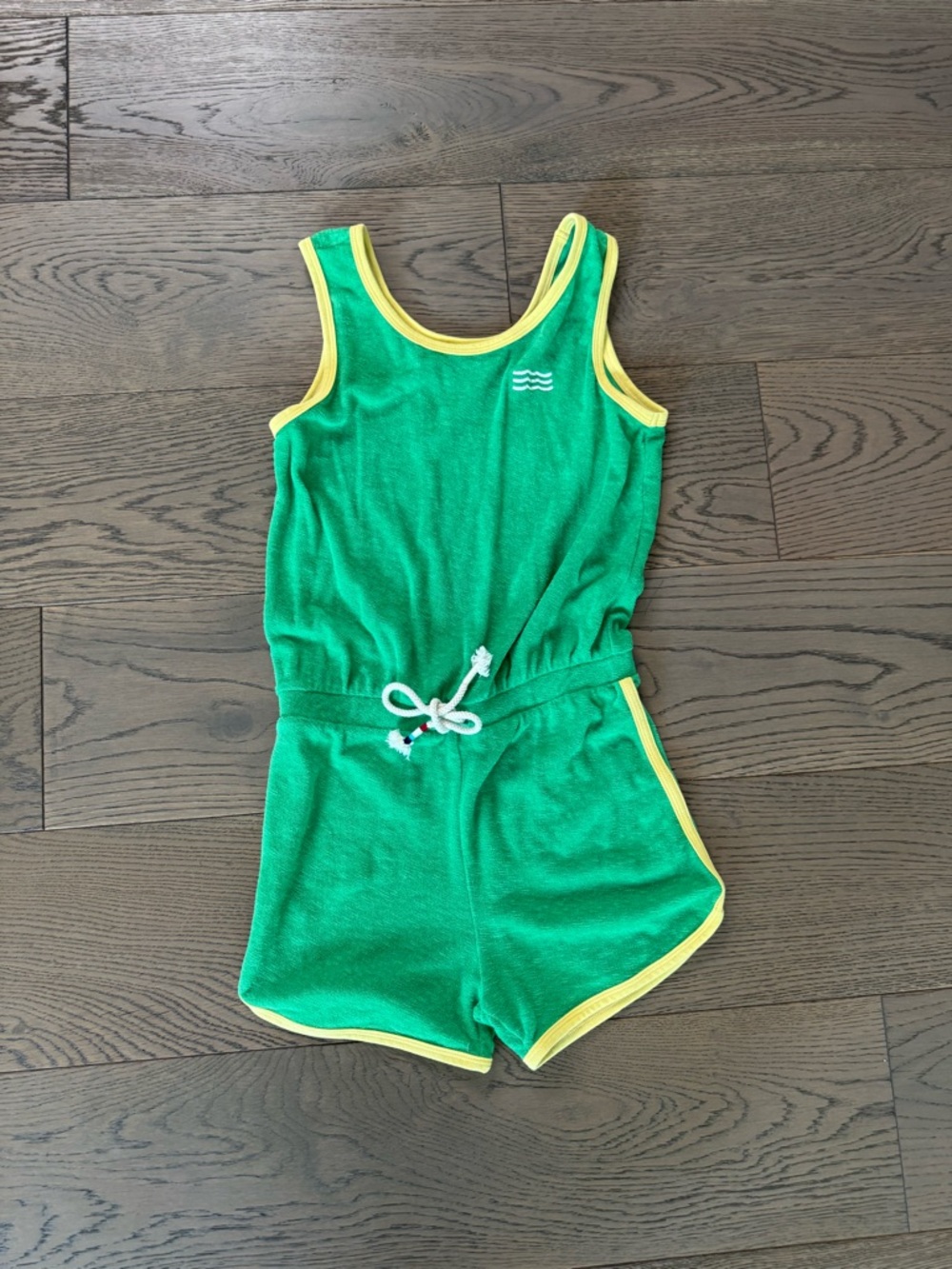 Sol Los Angeles Green Terry Romper swim coverup with Yellow Trim. Girls 12